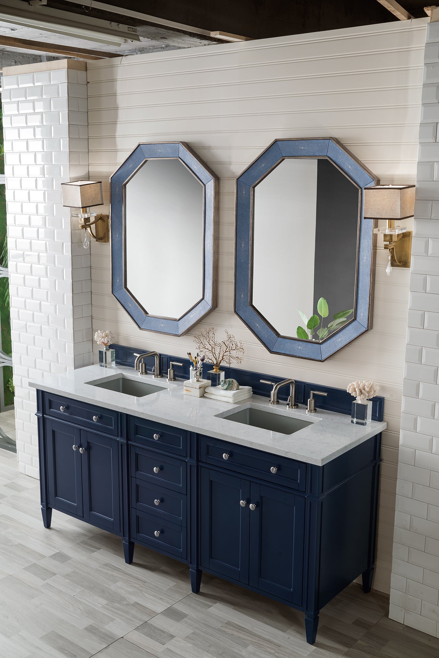 James Martin Vanities Brittany 72" Victory Blue Double Vanity With 3 cm Eternal Jasmine Pearl Silestone Top and FreePower Wireless Charger