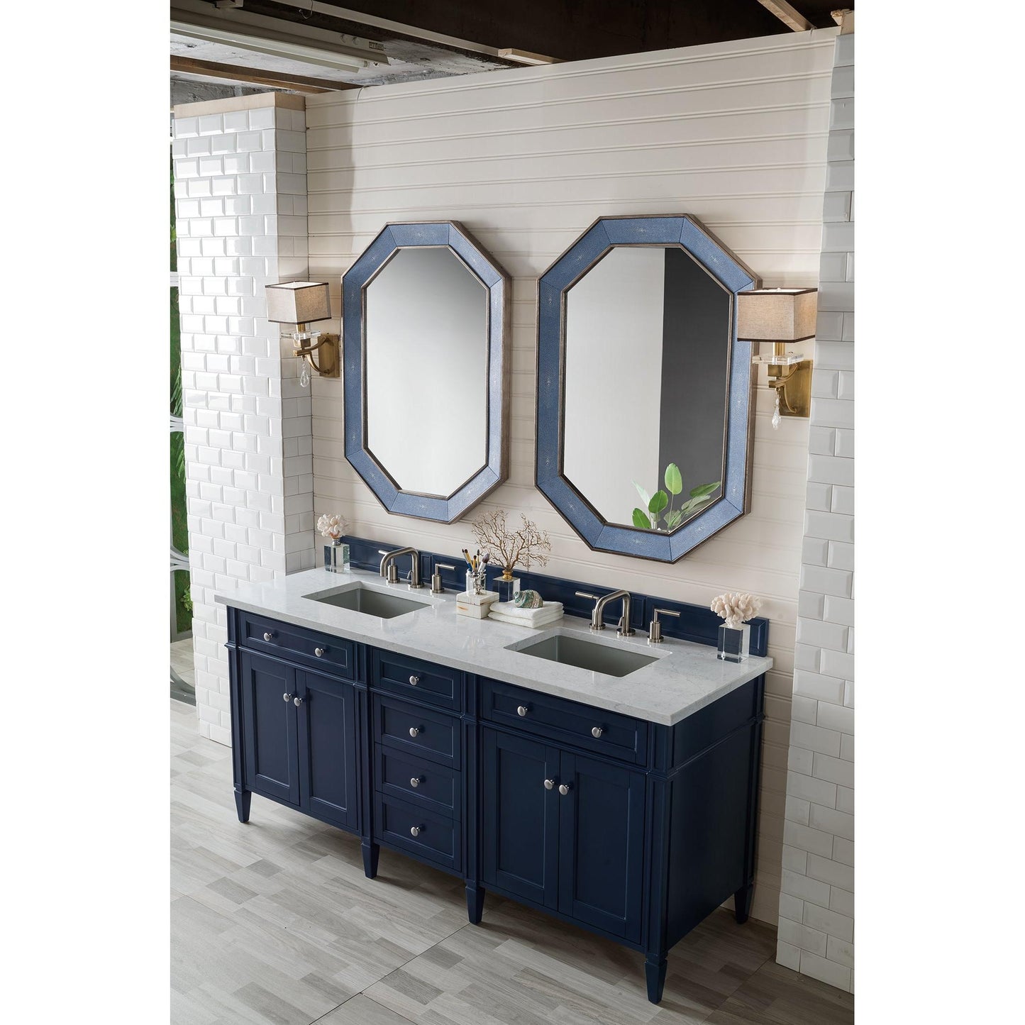 James Martin Vanities Brittany 72" Victory Blue Double Vanity With 3 cm Eternal Jasmine Pearl Silestone Top and FreePower Wireless Charger