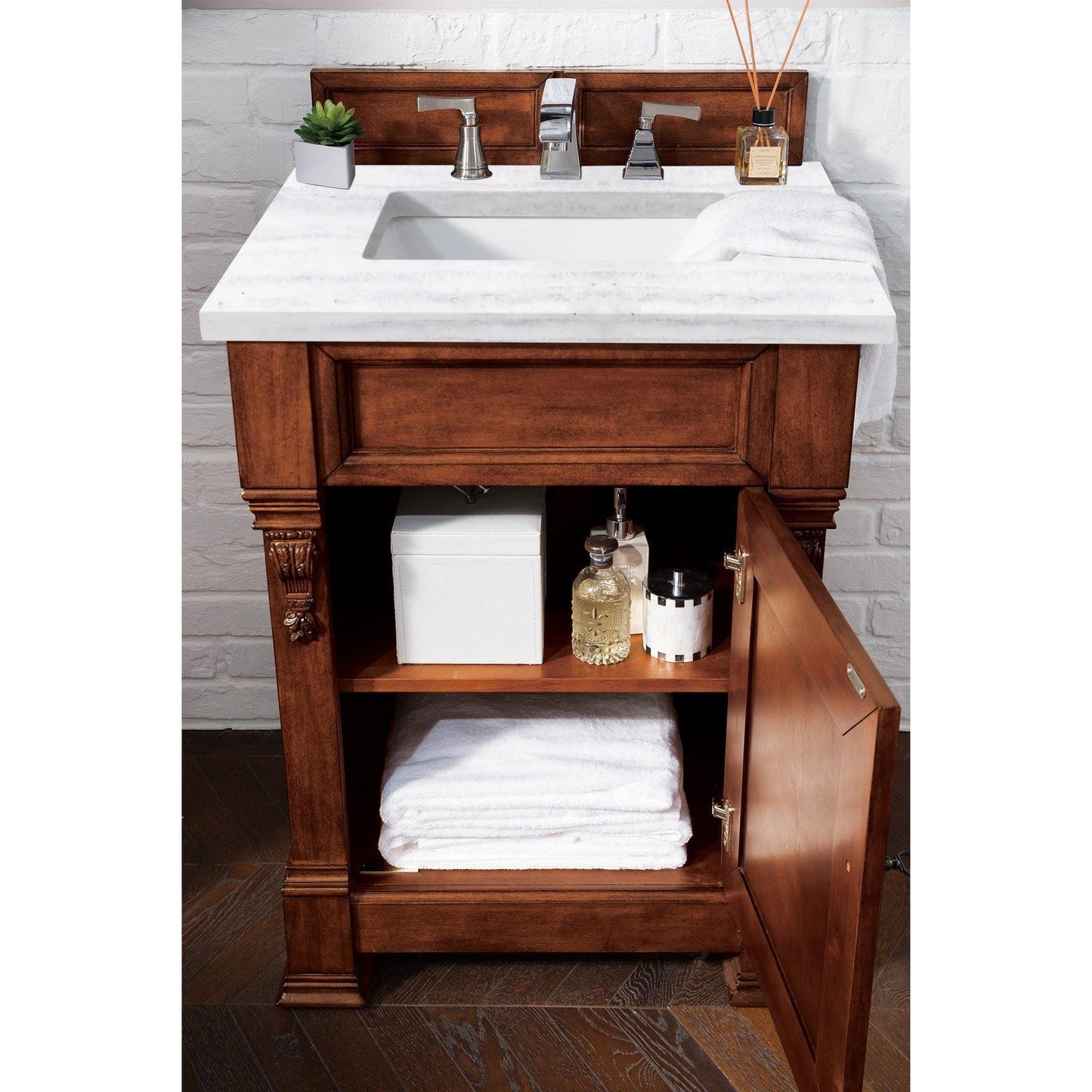 James Martin Vanities Brookfield 26" Warm Cherry Single Vanity With 3cm Arctic Fall Solid Surface Top