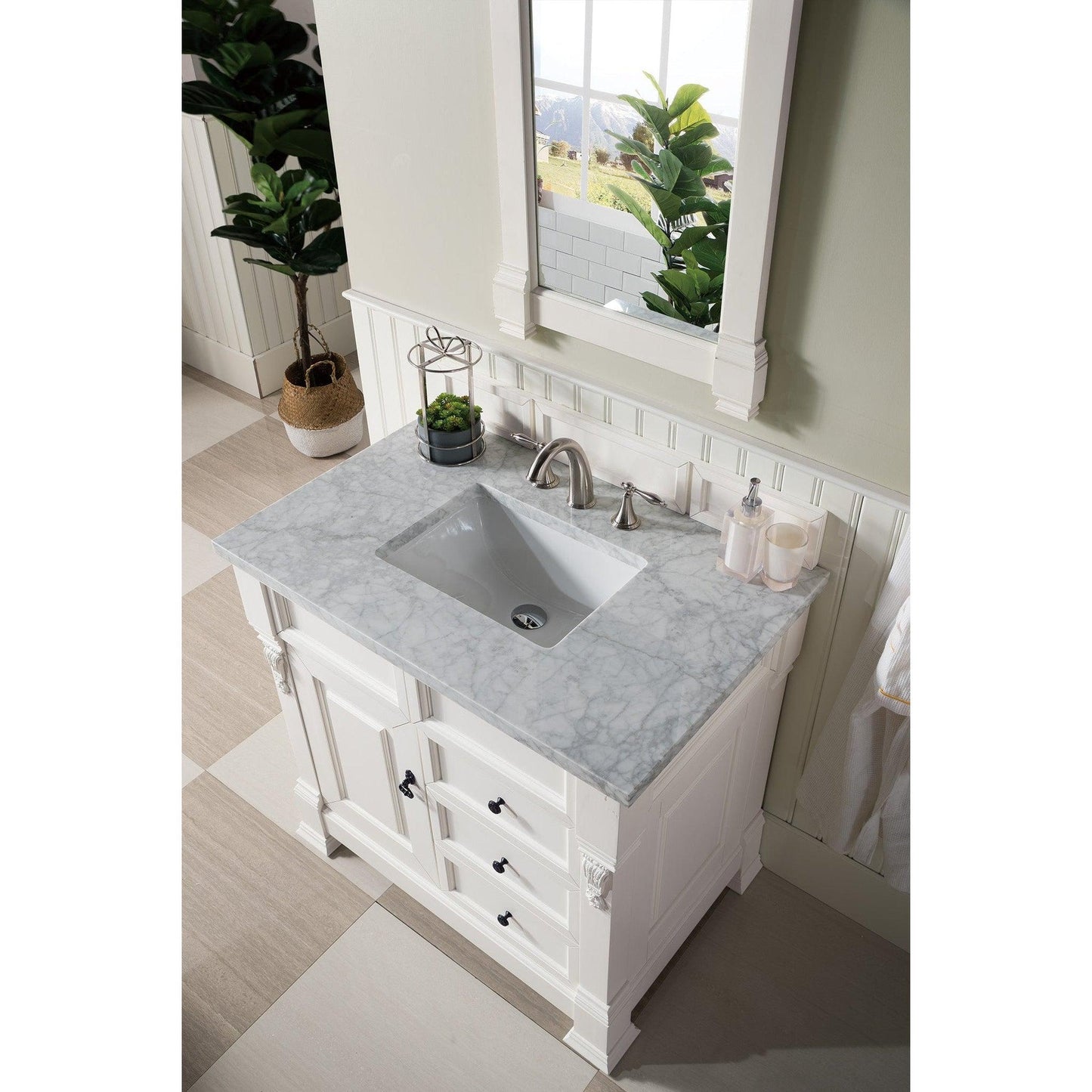 James Martin Vanities Brookfield 36" Bright White Single Vanity With 3cm Carrara Marble Top