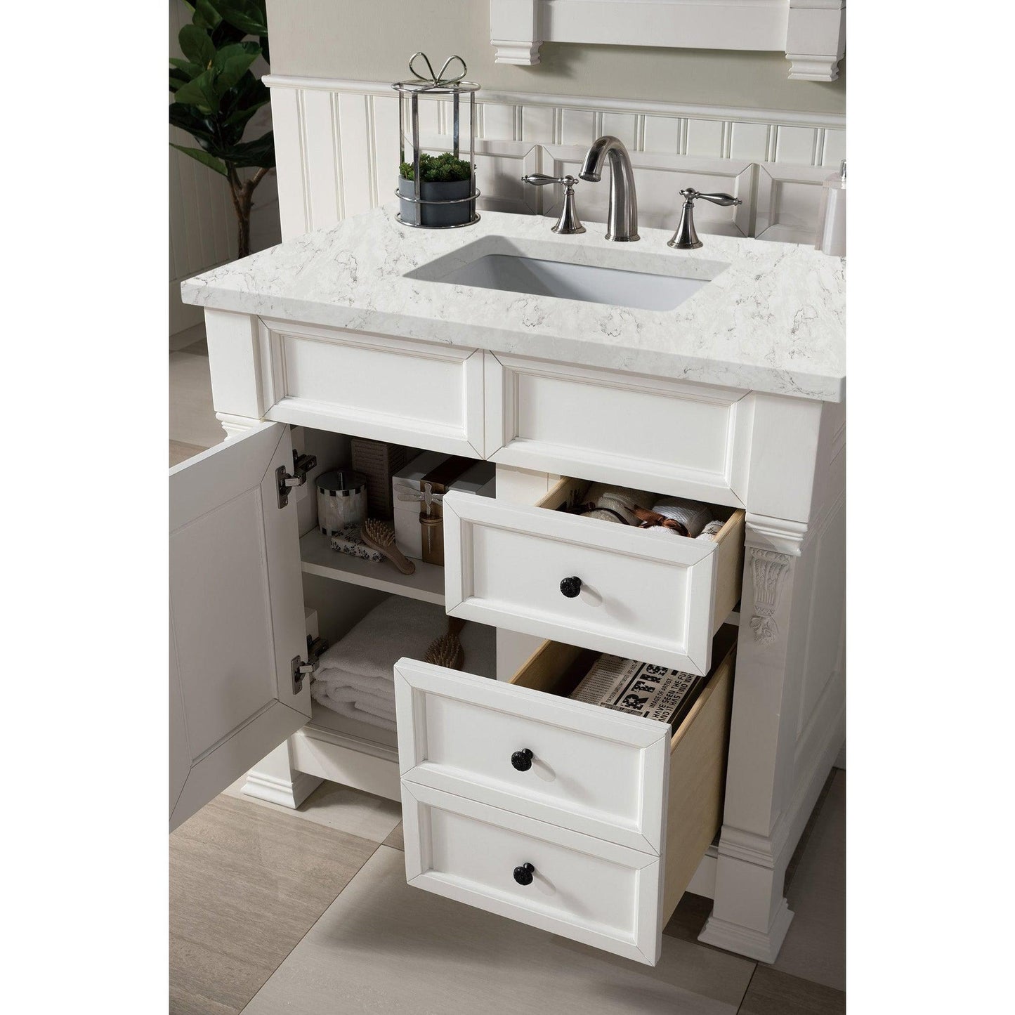 James Martin Vanities Brookfield 36" Bright White Single Vanity With 3cm Eternal Jasmine Pearl Quartz Top