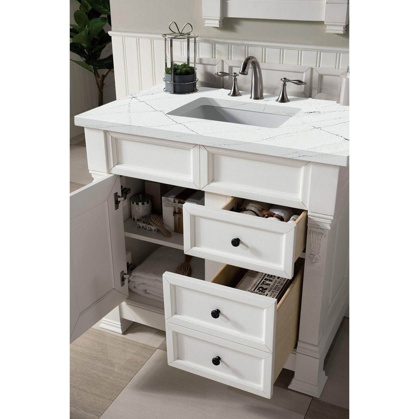James Martin Vanities Brookfield 36" Bright White Single Vanity With 3cm Ethereal Noctis Quartz Top