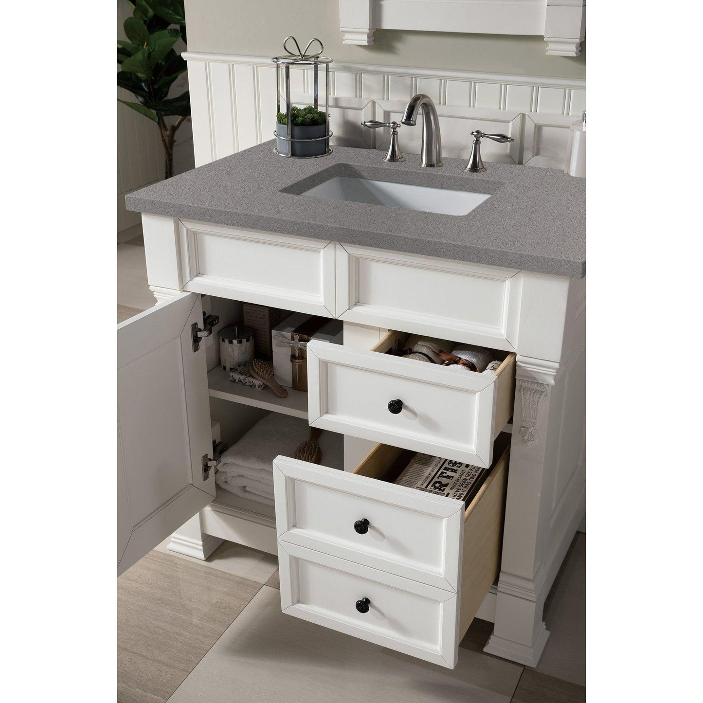 James Martin Vanities Brookfield 36" Bright White Single Vanity With 3cm Grey Expo Quartz Top