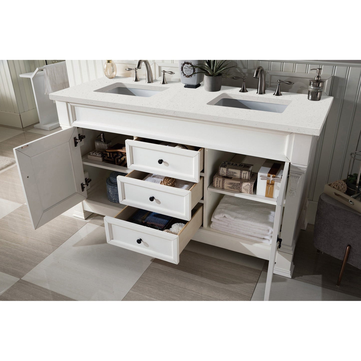 James Martin Vanities Brookfield 60" Bright White Double Vanity With 3 cm Lime Delight Quartz Top