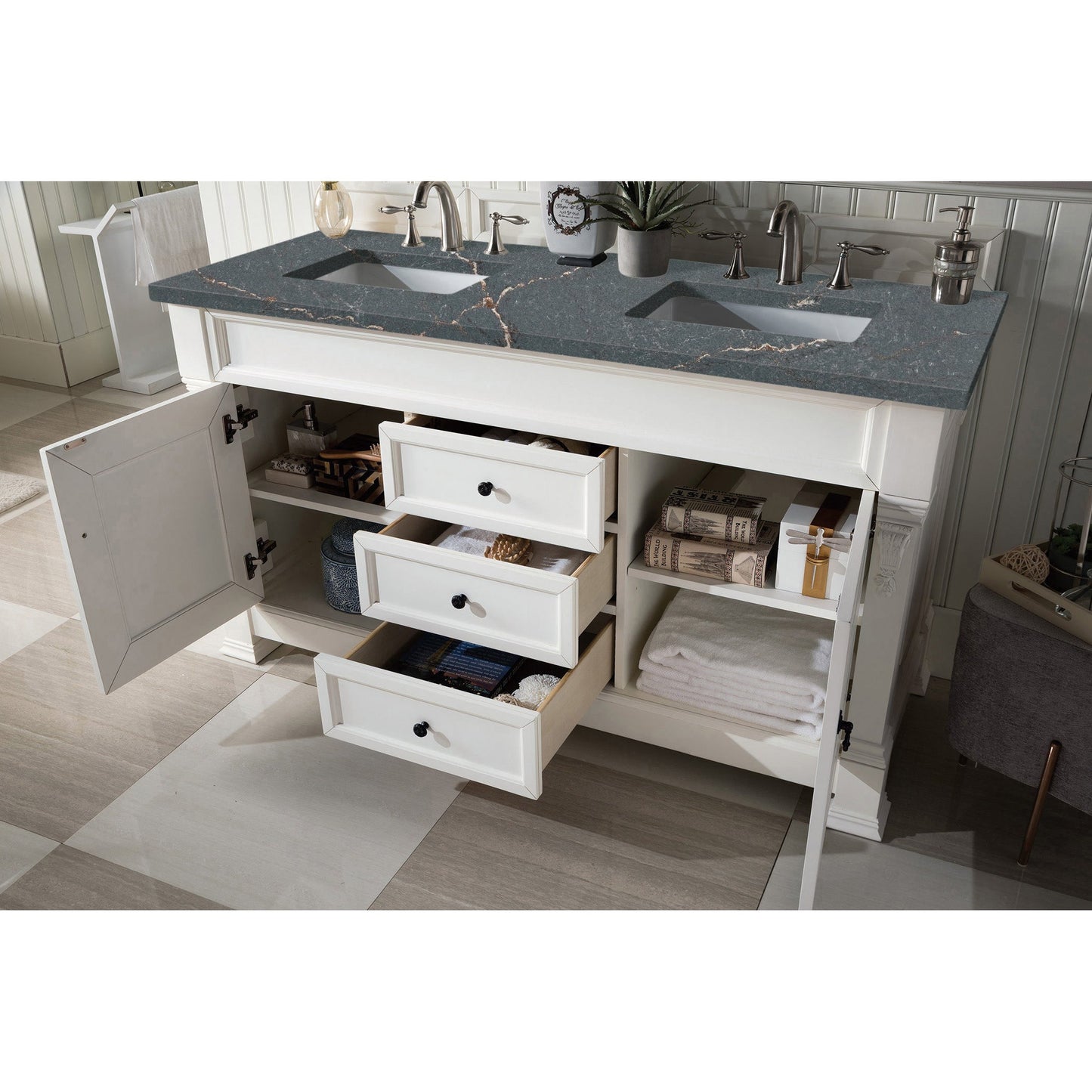 James Martin Vanities Brookfield 60" Bright White Double Vanity With 3 cm Parisien Bleu Quartz Top