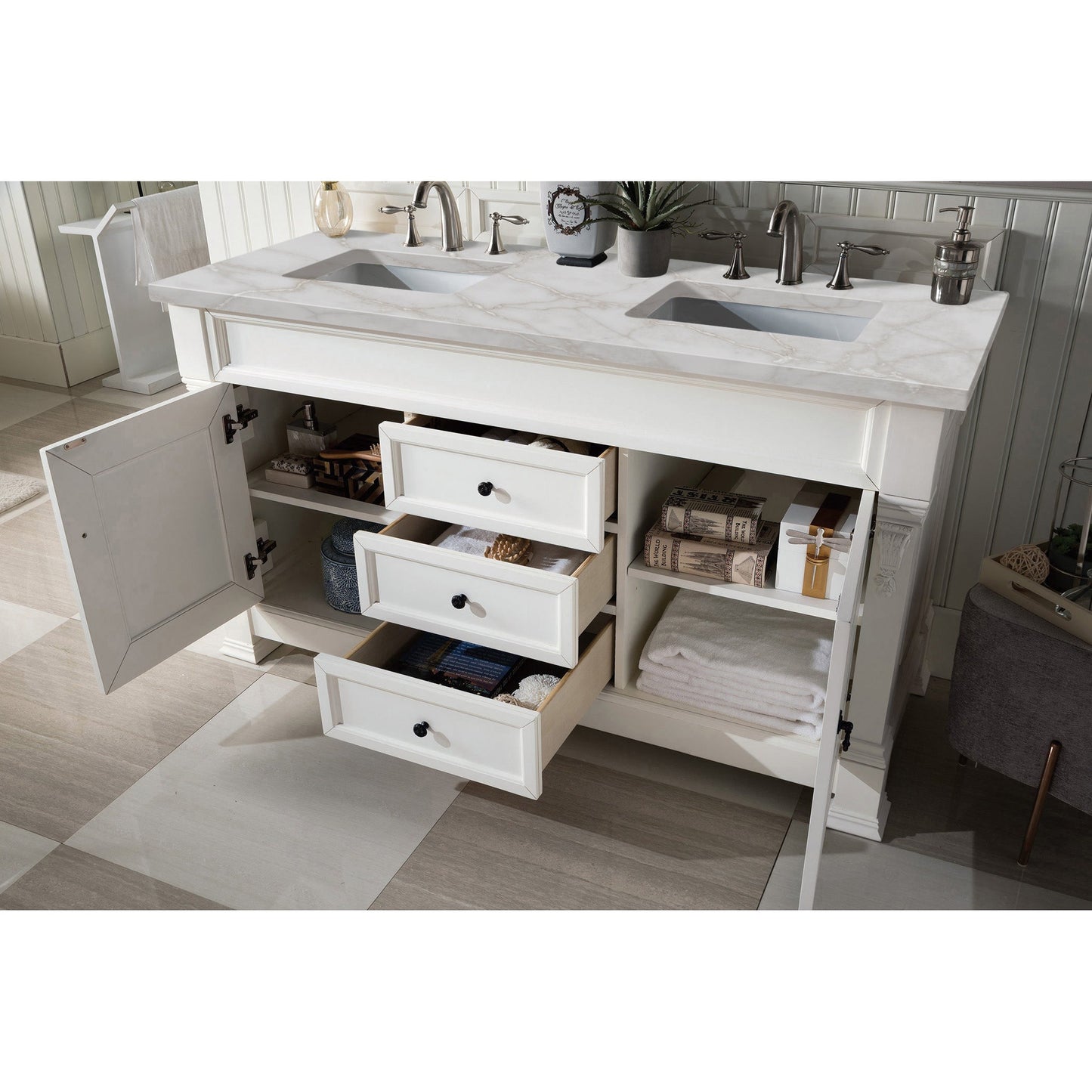 James Martin Vanities Brookfield 60" Bright White Double Vanity With 3 cm Victorian Silver Quartz Top