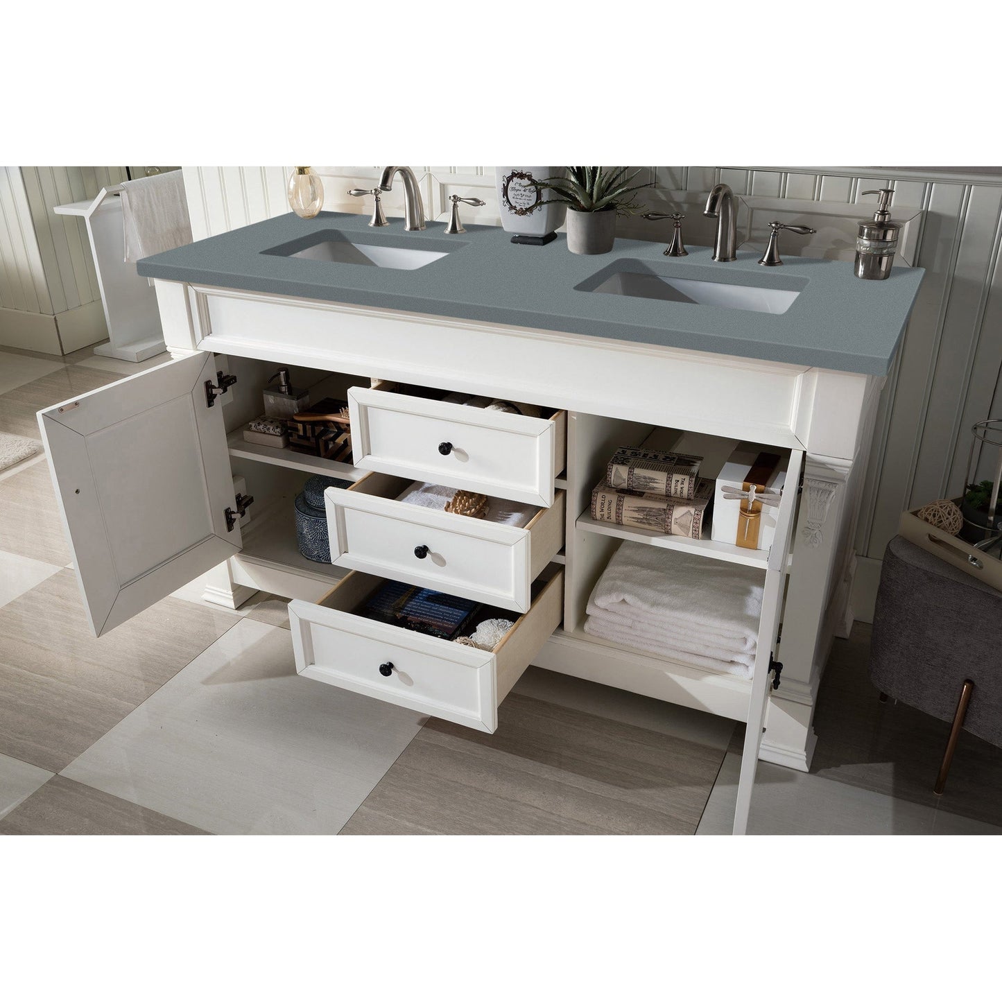 James Martin Vanities Brookfield 60" Bright White Double Vanity With 3cm Cala Blue Quartz Top