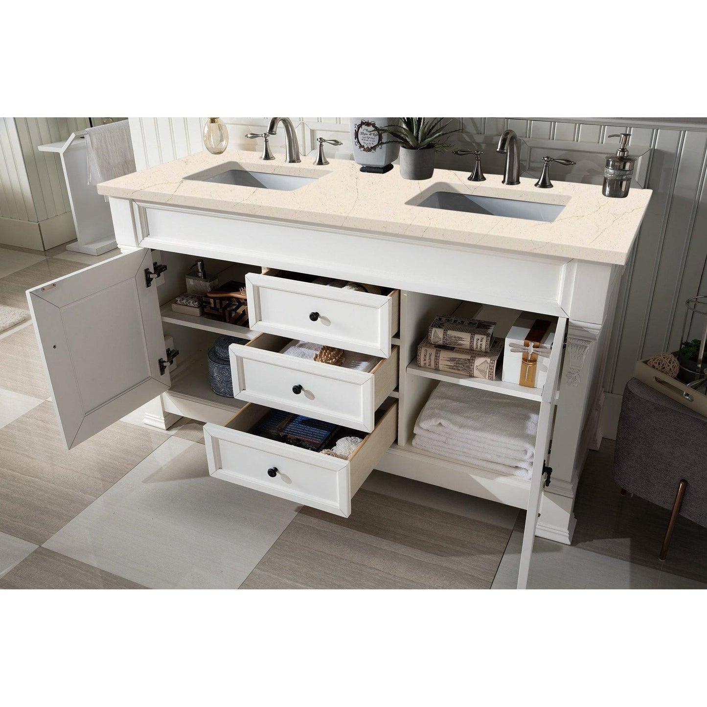 James Martin Vanities Brookfield 60" Bright White Double Vanity With 3cm Eternal Marfil Quartz Top