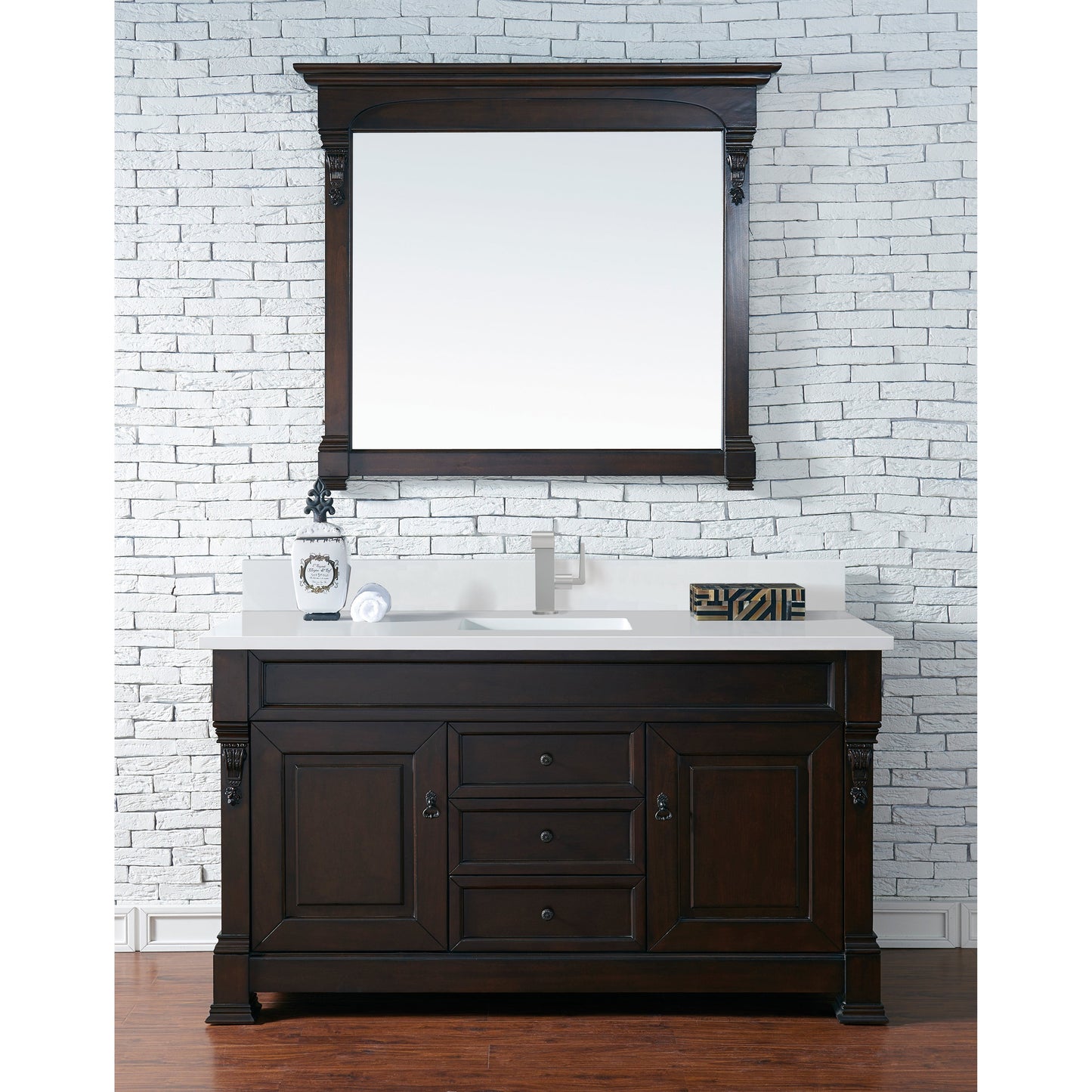 James Martin Vanities Brookfield 60" Burnished Mahogany Single Vanity With Single Hole 3 cm White Zeus Quartz Top & Backsplash