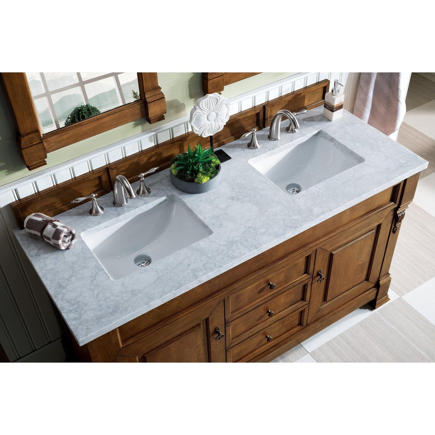James Martin Vanities Brookfield 60" Country Oak Double Vanity With 3cm Carrara Marble Top