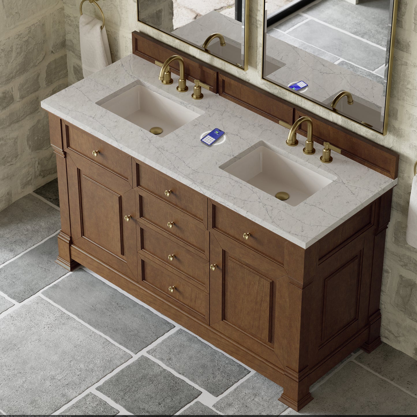 James Martin Vanities Brookfield 60" Honey Oak Double Vanity With 3 cm Eternal Jasmine Pearl Silestone Top and FreePower Wireless Charger