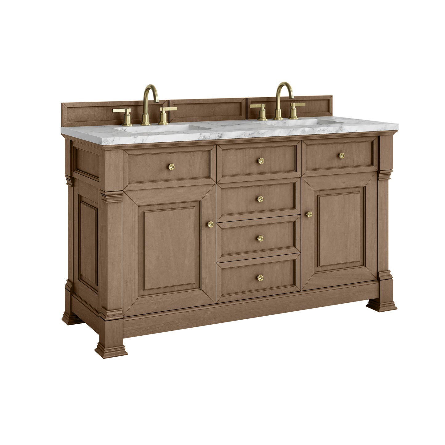 James Martin Vanities Brookfield 60" Pecan Double Vanity With 3cm Carrara White Marble Top