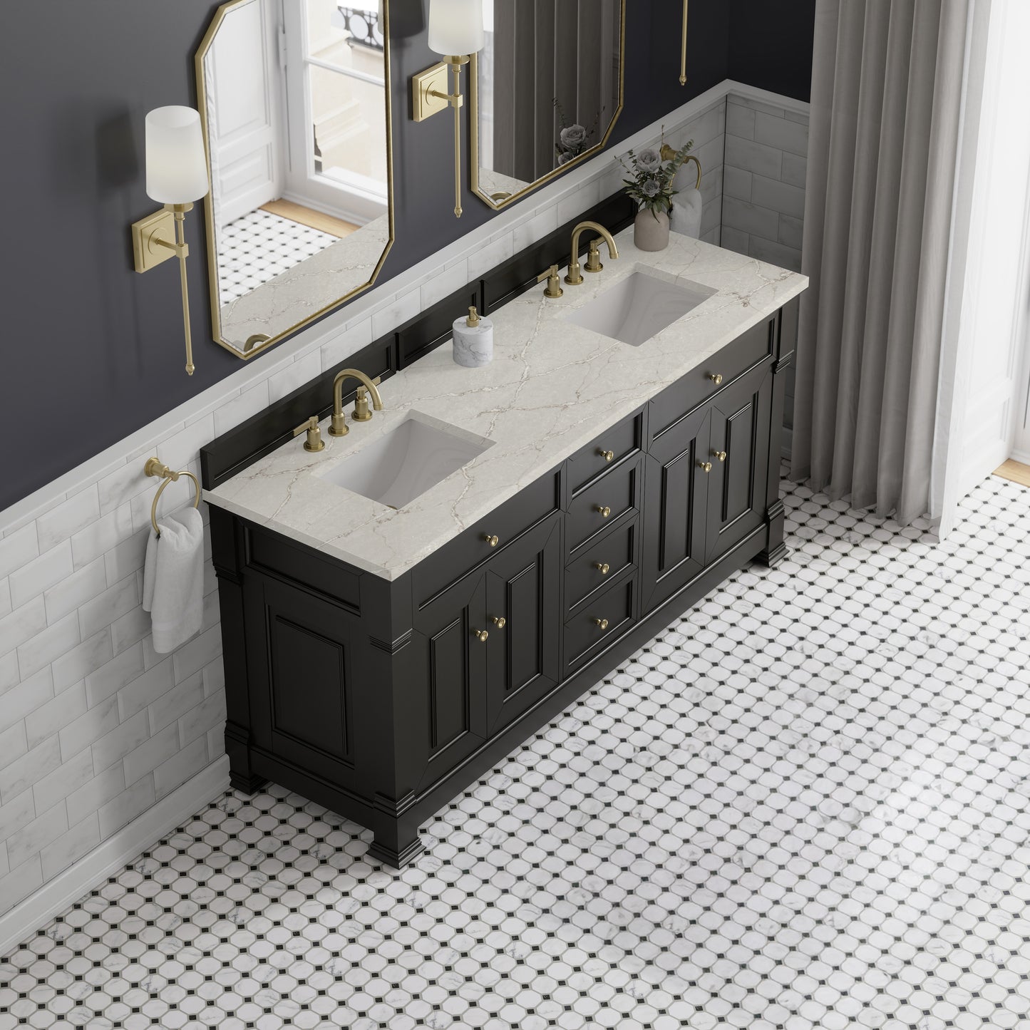 James Martin Vanities Brookfield 72" Black Onyx Double Vanity With 3cm Victorian Silver Silestone Top With FreePower Wireless Charger