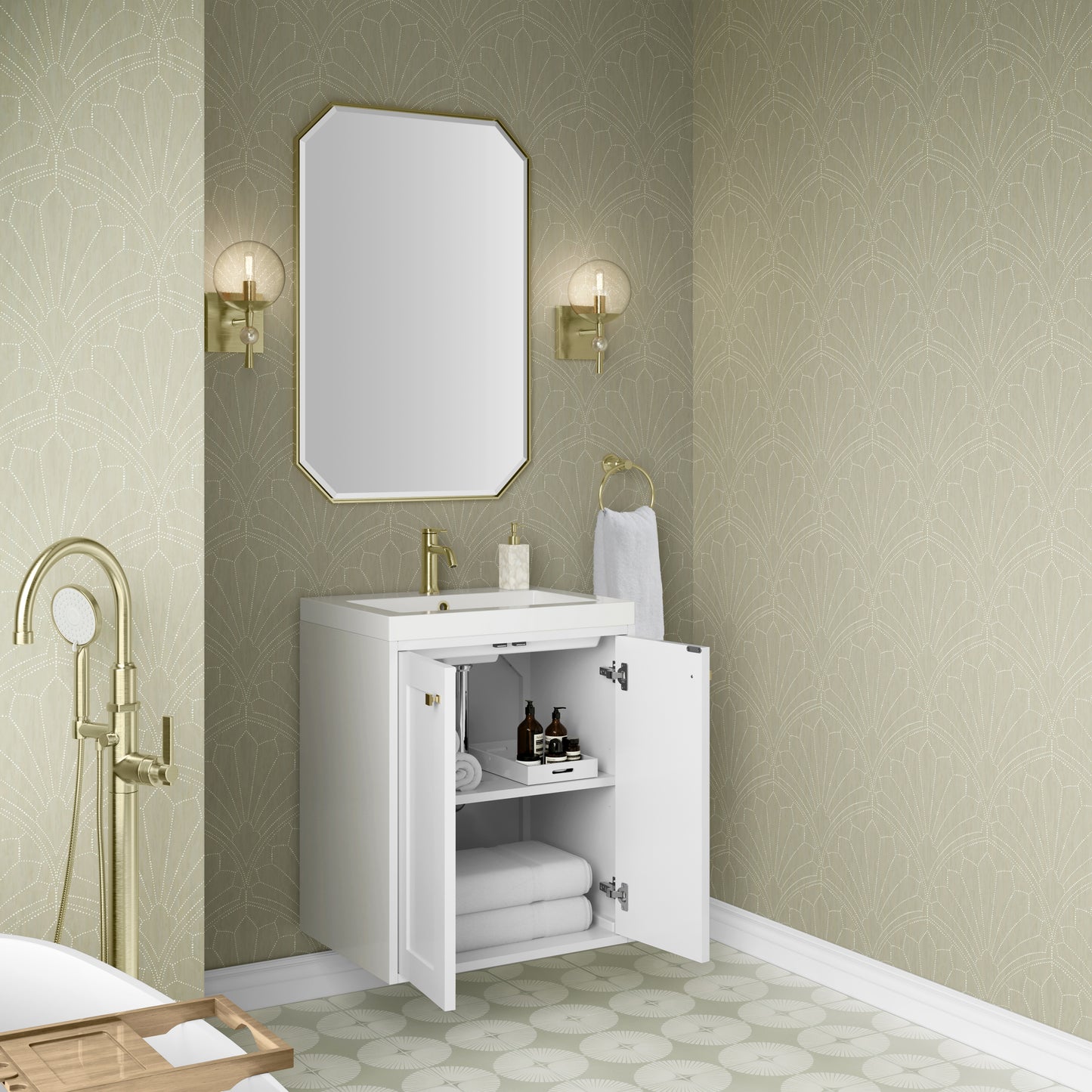 James Martin Vanities Chianti 24" Glossy White Champagne Brass Base Single Vanity With White Glossy Composite Stone Top