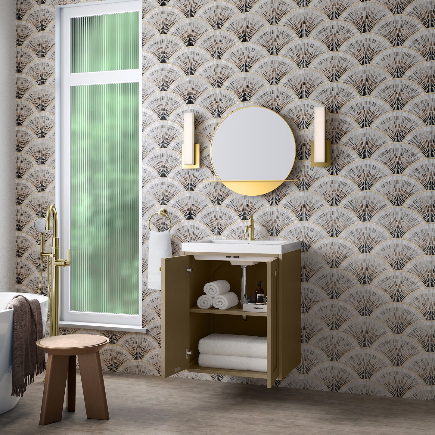 James Martin Vanities Chianti 24" Walnut Whisper Champagne Brass Base Single Vanity With White Glossy Composite Stone Top