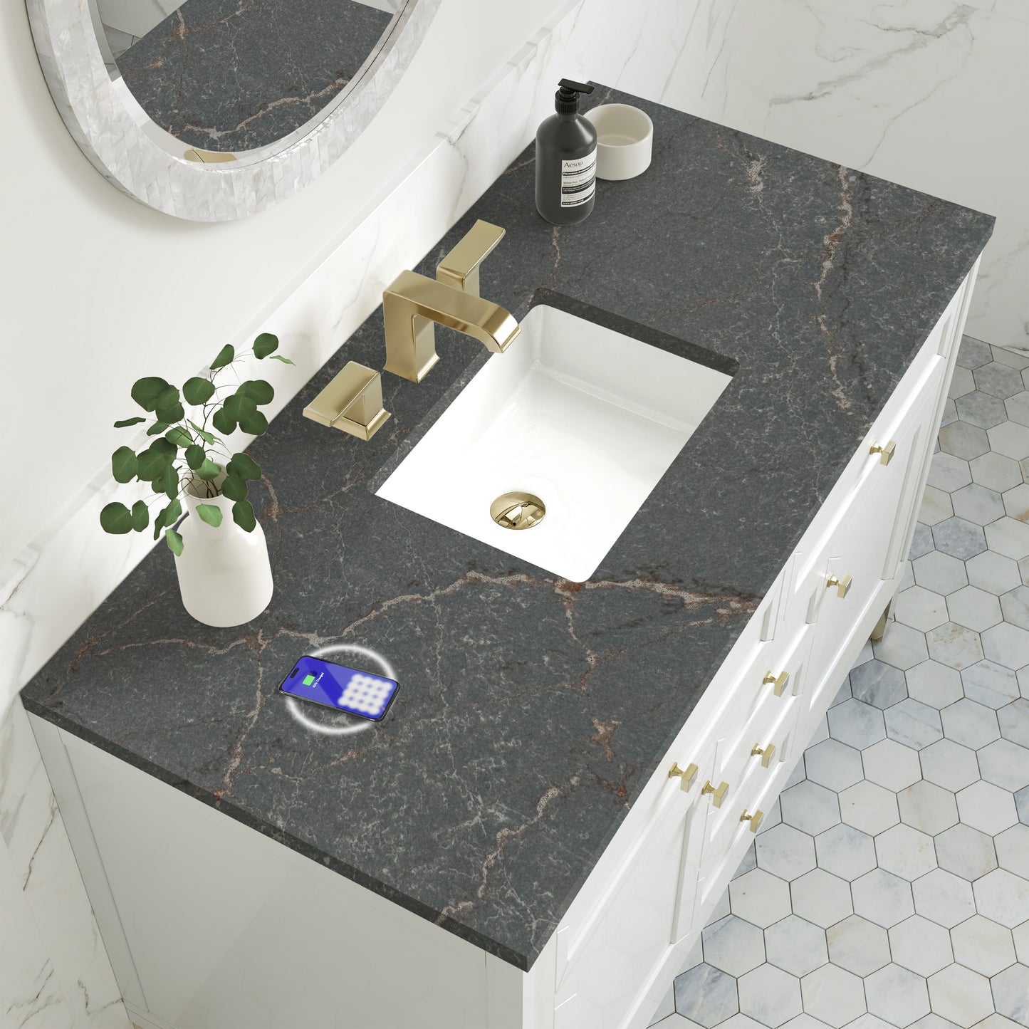 James Martin Vanities Chicago 48" Glossy White Single Vanity With 3 cm Parisien Bleu Silestone Top and FreePower Wireless Charger