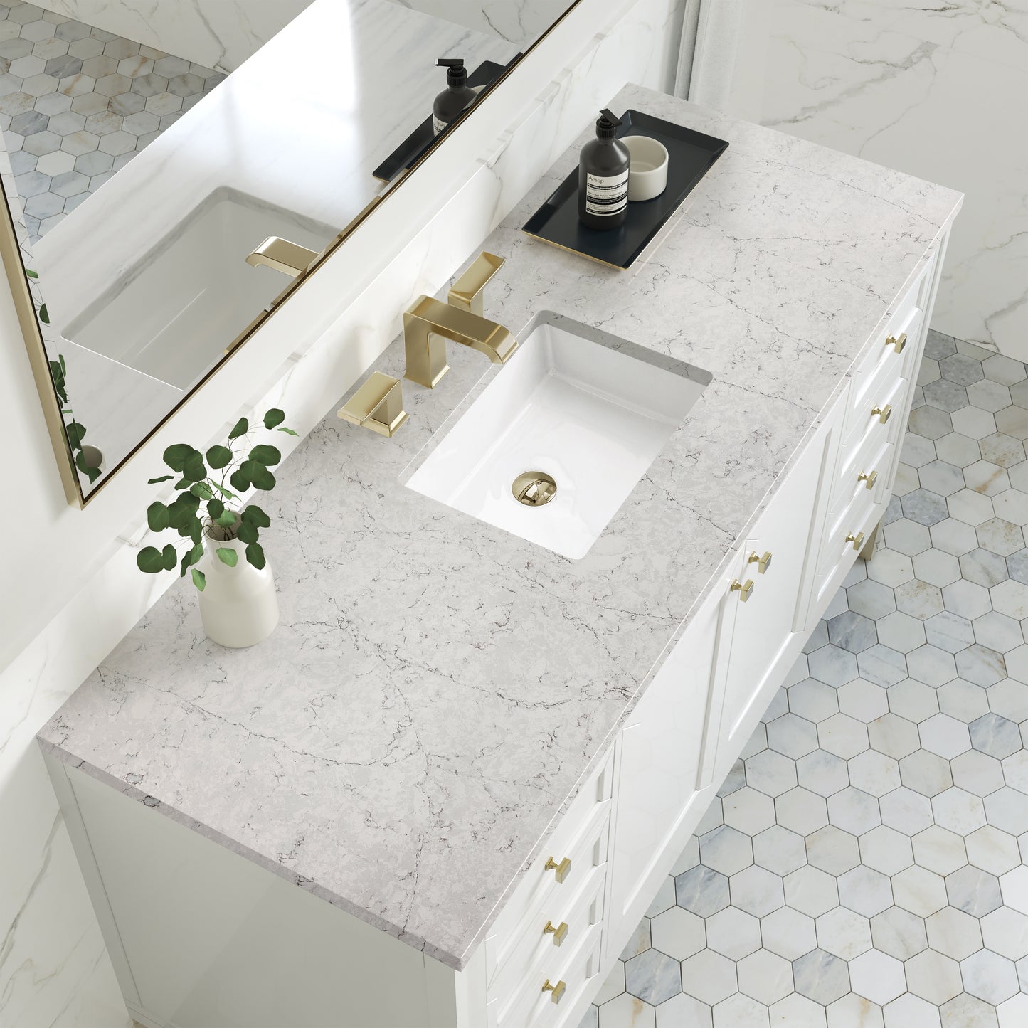 James Martin Vanities Chicago 60" Glossy White Single Vanity With 3cm Eternal Jasmine Pearl Silestone Top With FreePower Wireless Charger