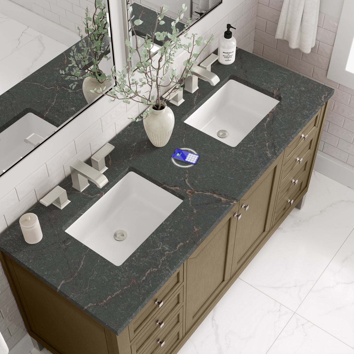 James Martin Vanities Chicago 60" Walnut Whisper Double Vanity With 3 cm Parisien Bleu Silestone Top and FreePower Wireless Charger