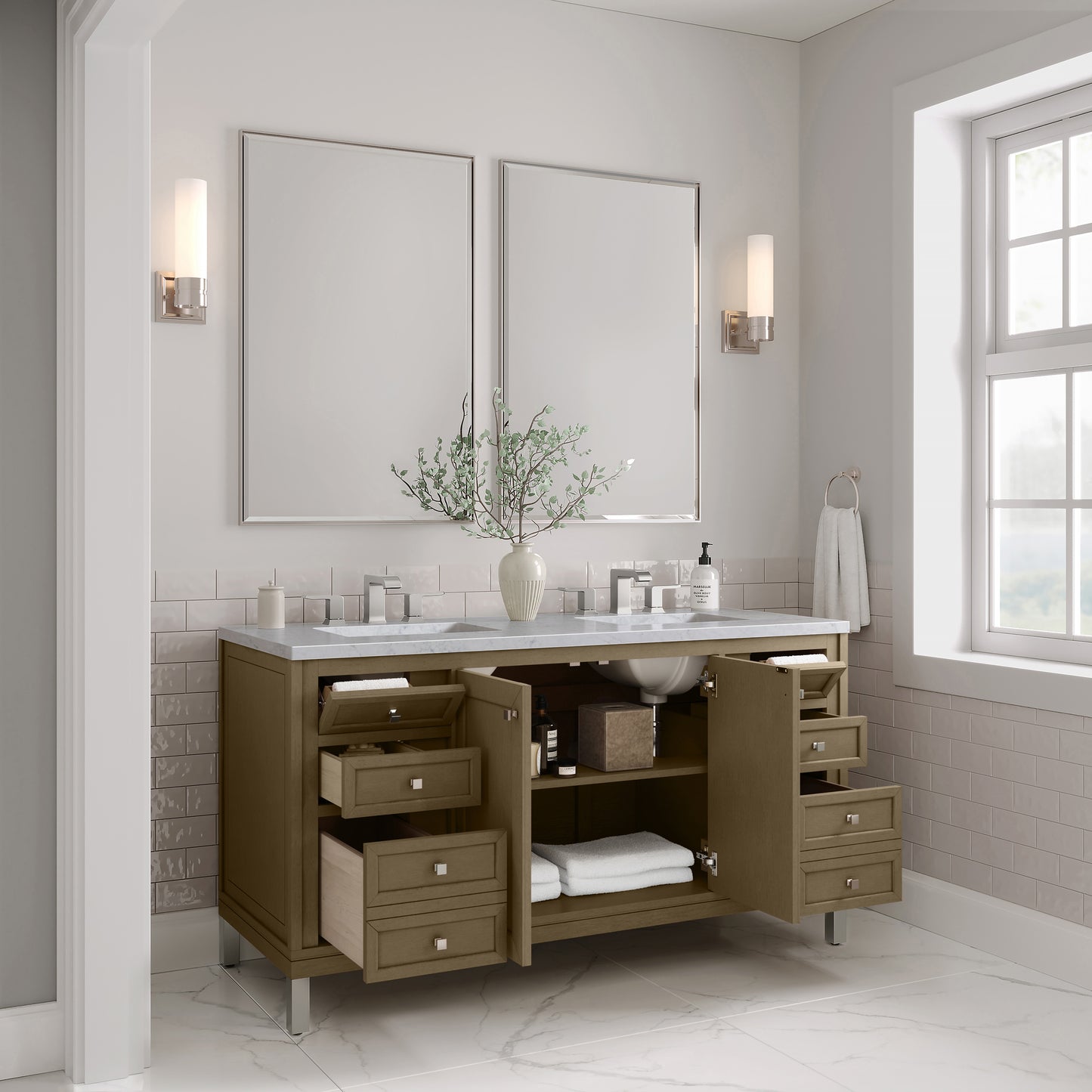 James Martin Vanities Chicago 60" Walnut Whisper Double Vanity With 3cm Carrara Marble Top