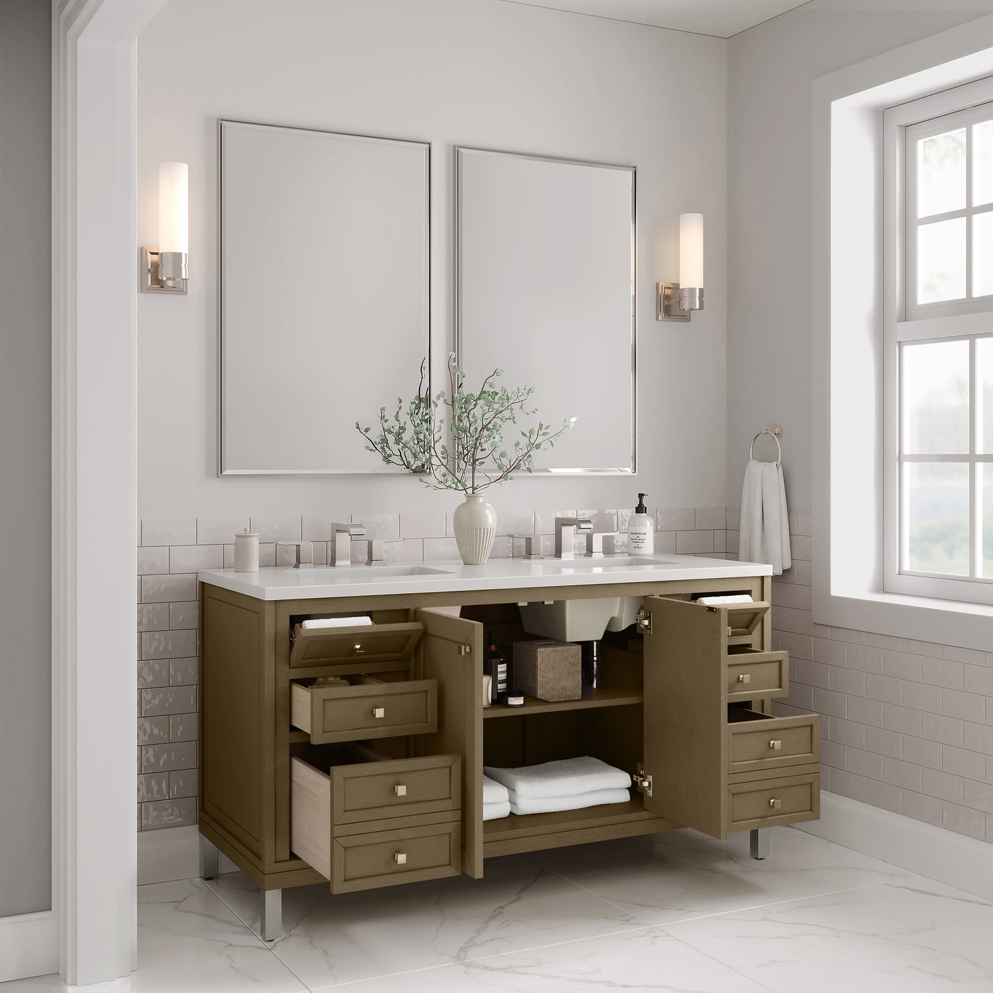 James Martin Vanities Chicago 60" Walnut Whisper Double Vanity With 3cm White Zeus Silestone Top