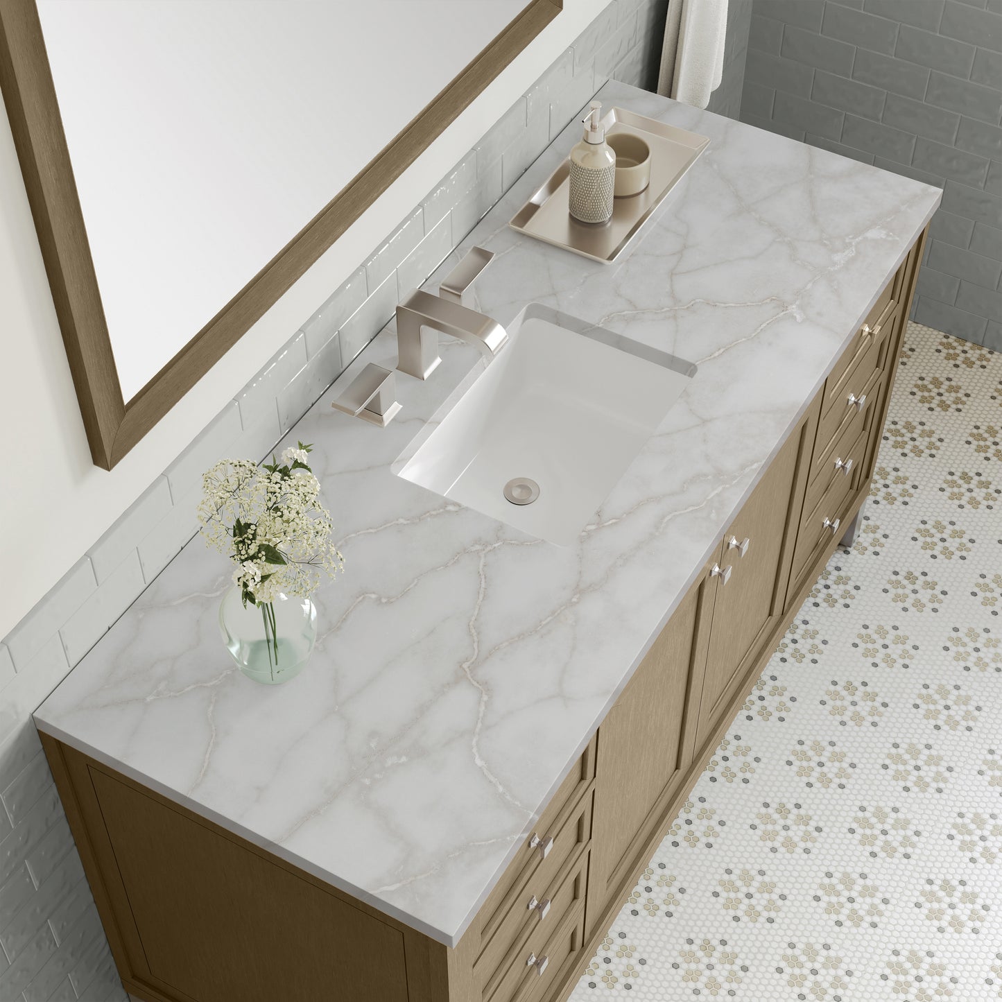James Martin Vanities Chicago 60" Walnut Whisper Single Vanity With 3cm Victorian Silver Silestone Top With FreePower Wireless Charger