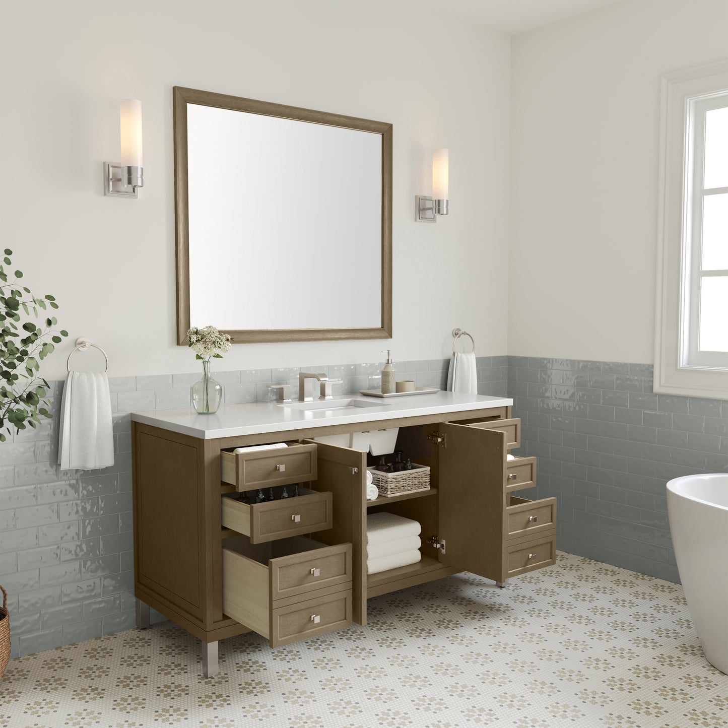 James Martin Vanities Chicago 60" Walnut Whisper Single Vanity With 3cm White Zeus Silestone Top