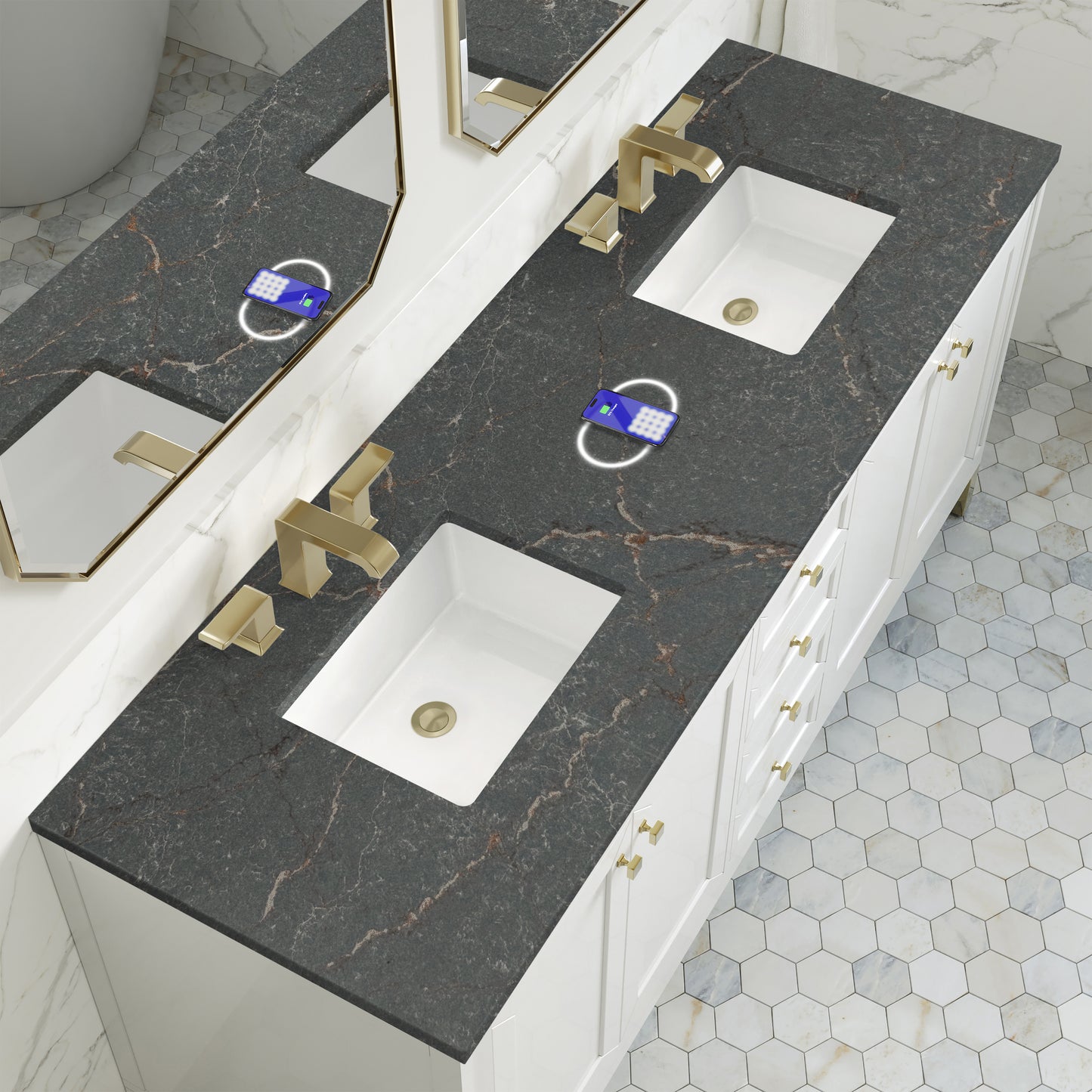 James Martin Vanities Chicago 72" Glossy White Double Vanity With 3 cm Parisien Bleu Silestone Top and FreePower Wireless Charger