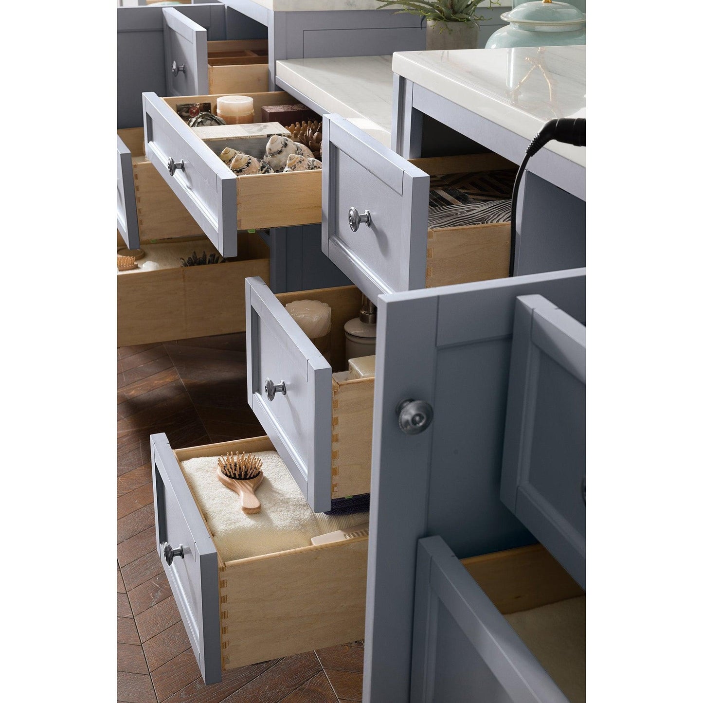 James Martin Vanities Copper Cove Encore 122" Silver Gray Double Vanity Set With Makeup Table, 3cm Arctic Fall Solid Surface Top