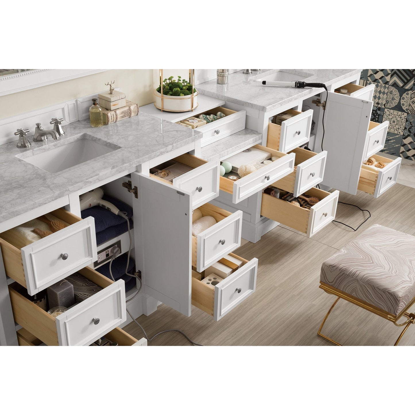 James Martin Vanities De Soto 118" Bright White Double Vanity Set With Makeup Table, 3cm Carrara Marble Top