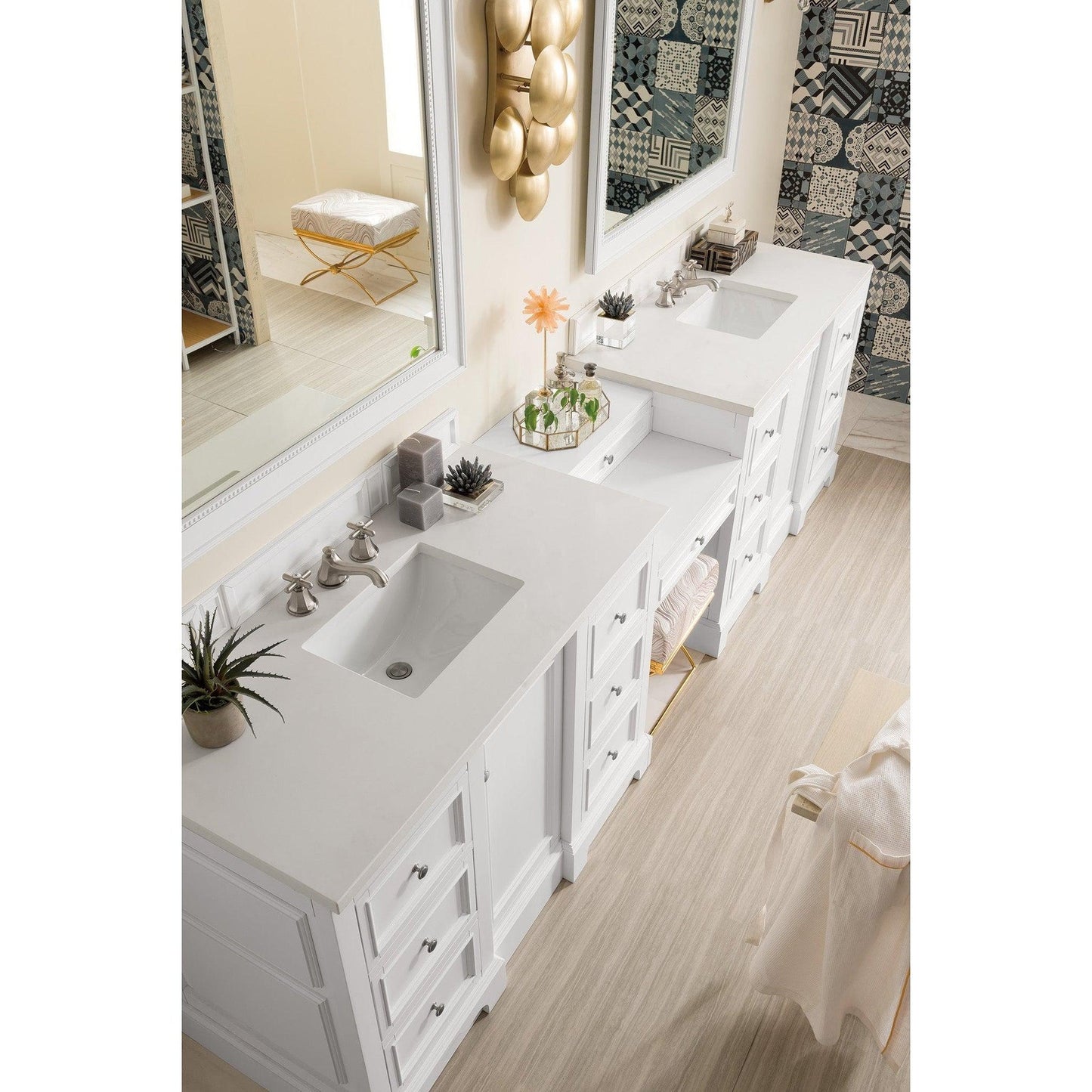 James Martin Vanities De Soto 118" Bright White Double Vanity Set With Makeup Table, 3cm White Zeus Quartz Top