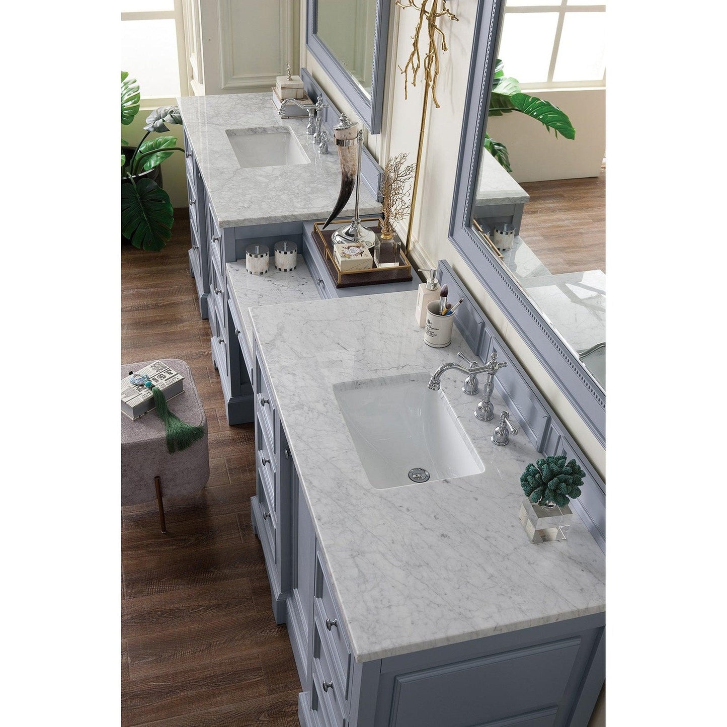 James Martin Vanities De Soto 118" Silver Gray Double Vanity Set With Makeup Table, 3cm Carrara Marble Top