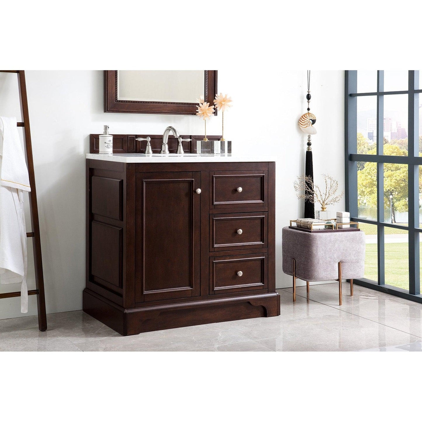 James Martin Vanities De Soto 36" Burnished Mahogany Single Vanity With 3cm Arctic Fall Solid Surface Top