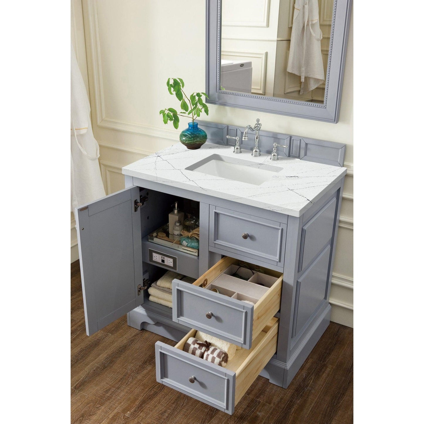 James Martin Vanities De Soto 36" Silver Gray Single Vanity With 3cm Ethereal Noctis Quartz Top