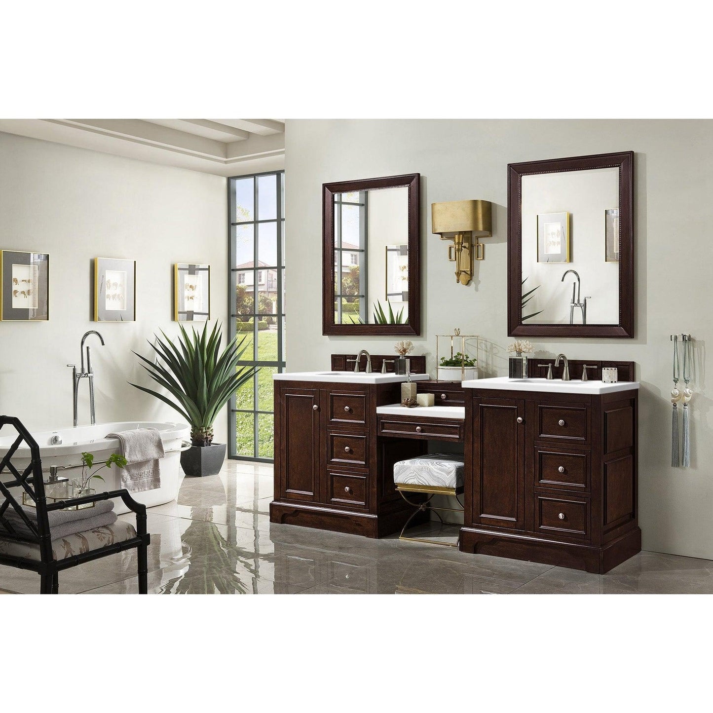 James Martin Vanities De Soto 82" Burnished Mahogany Double Vanity Set With Makeup Table, 3cm White Zeus Quartz Top