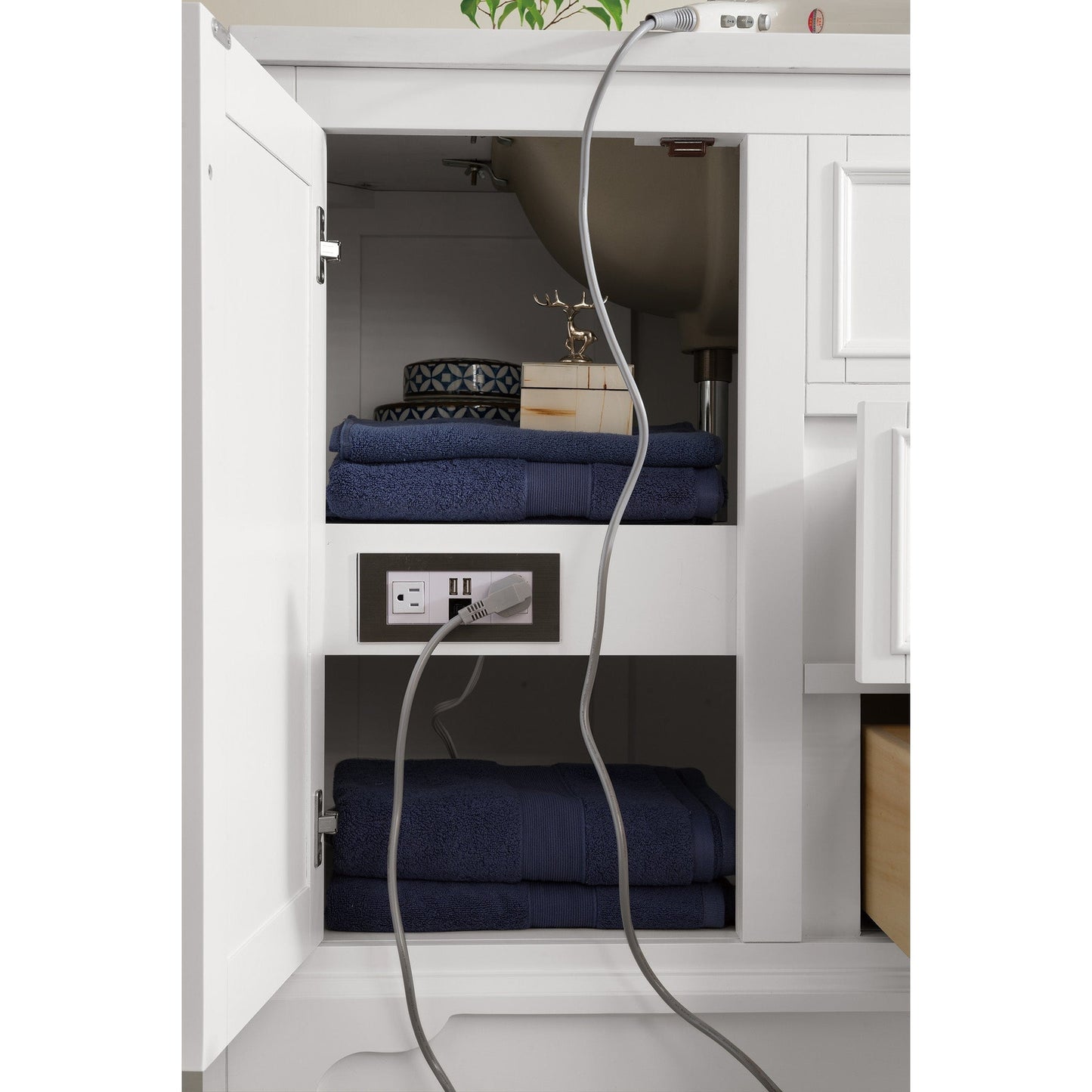 James Martin Vanities De Soto 94" Bright White Double Vanity Set With Makeup Table, 3cm Arctic Fall Solid Surface Top