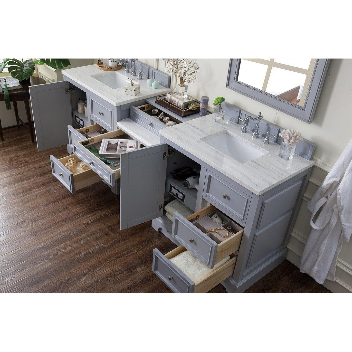 James Martin Vanities De Soto 94" Silver Gray Double Vanity Set With Makeup Table, 3cm Arctic Fall Solid Surface Top