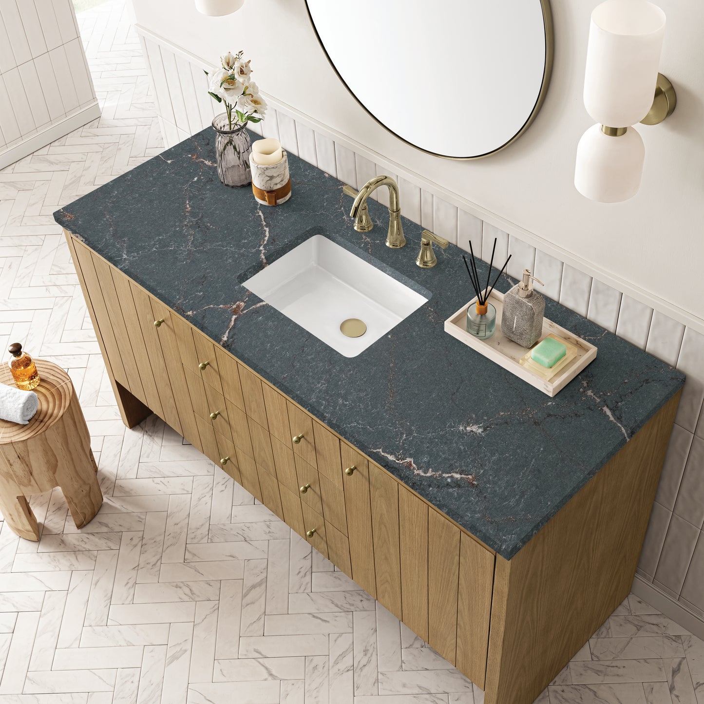 James Martin Vanities Hudson 60" Light Natural Oak Single Vanity With 3cm Parisien Bleu Top With FreePower Wireless Charger