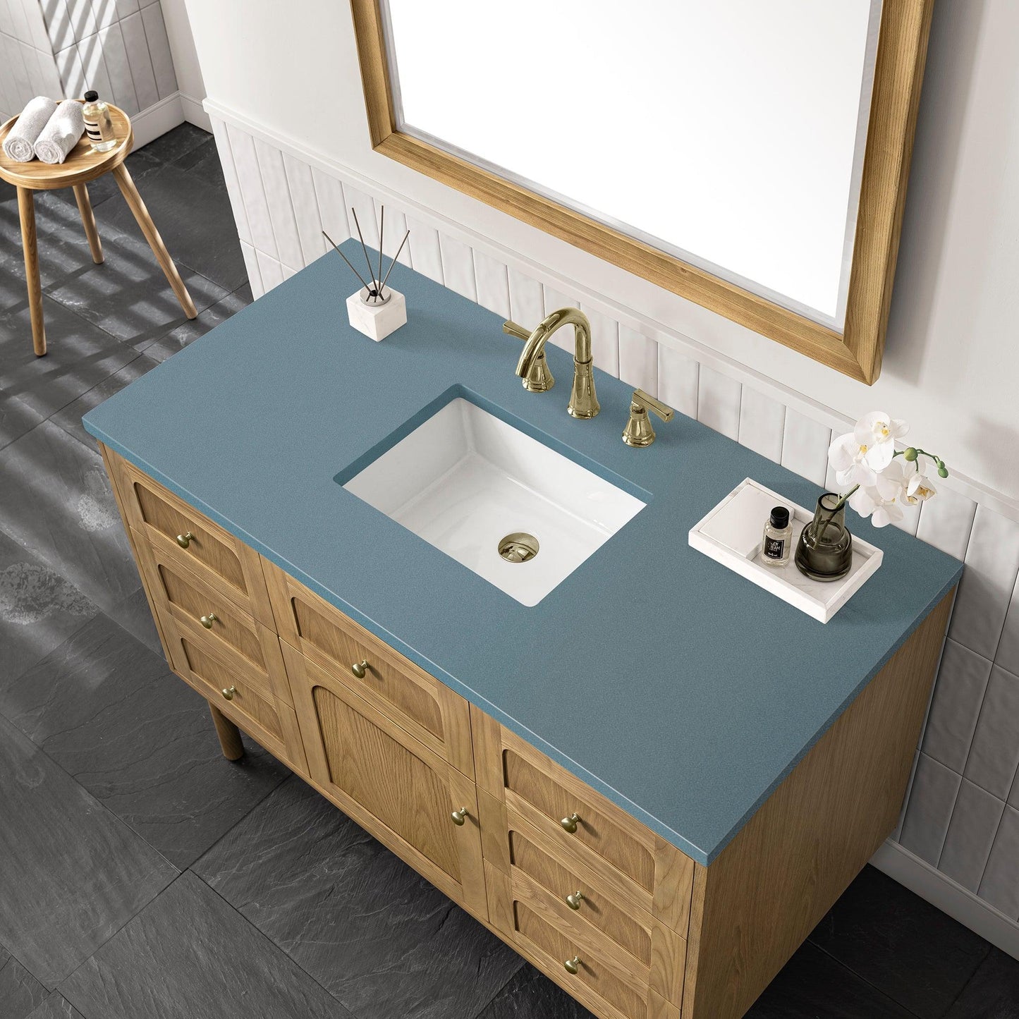 James Martin Vanities Laurent 48" Light Natural Oak Single Vanity With 3cm Cala Blue Top