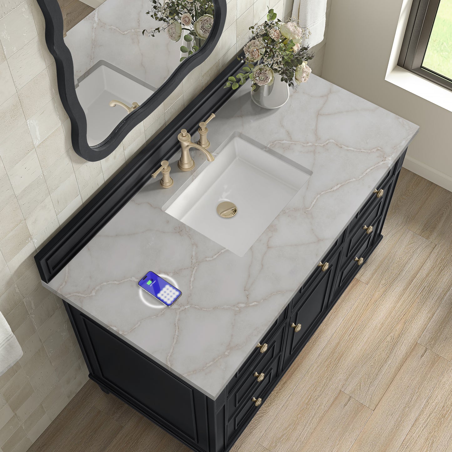 James Martin Vanities Lorelai 48" Black Onyx Single Vanity With 3 cm Victorian Silver Silestone Top and FreePower Wireless Charger