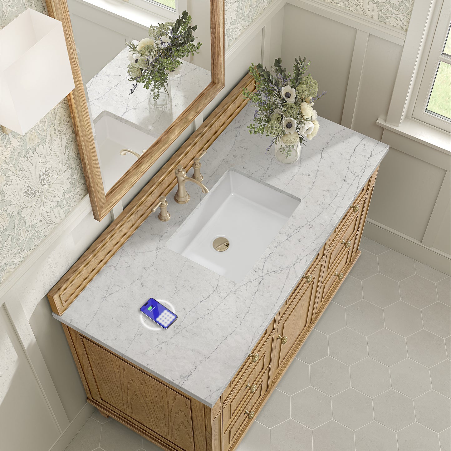 James Martin Vanities Lorelai 48" Light Natural Oak Single Vanity With 3 cm Eternal Jasmine Pearl Silestone Top and FreePower Wireless Charger