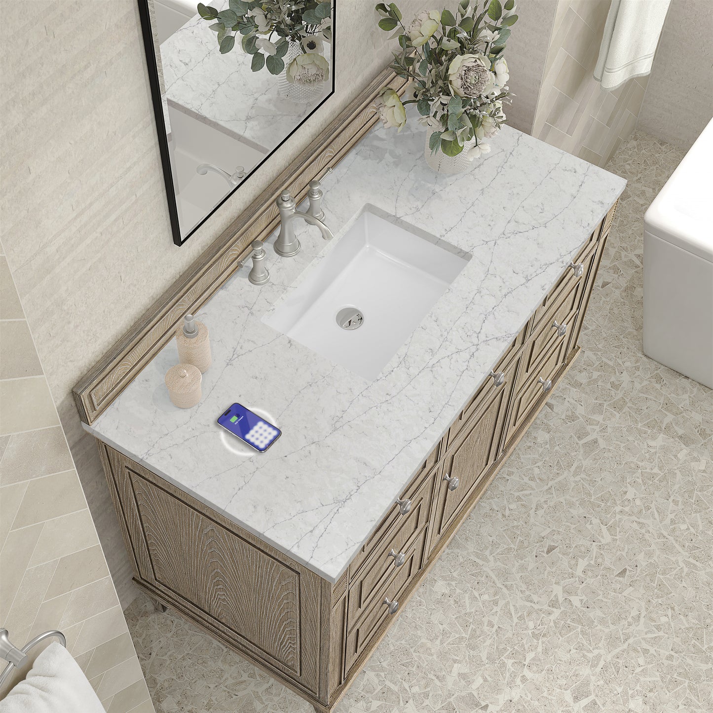 James Martin Vanities Lorelai 48" Whitewashed Oak Single Vanity With 3 cm Eternal Jasmine Pearl Silestone Top and FreePower Wireless Charger