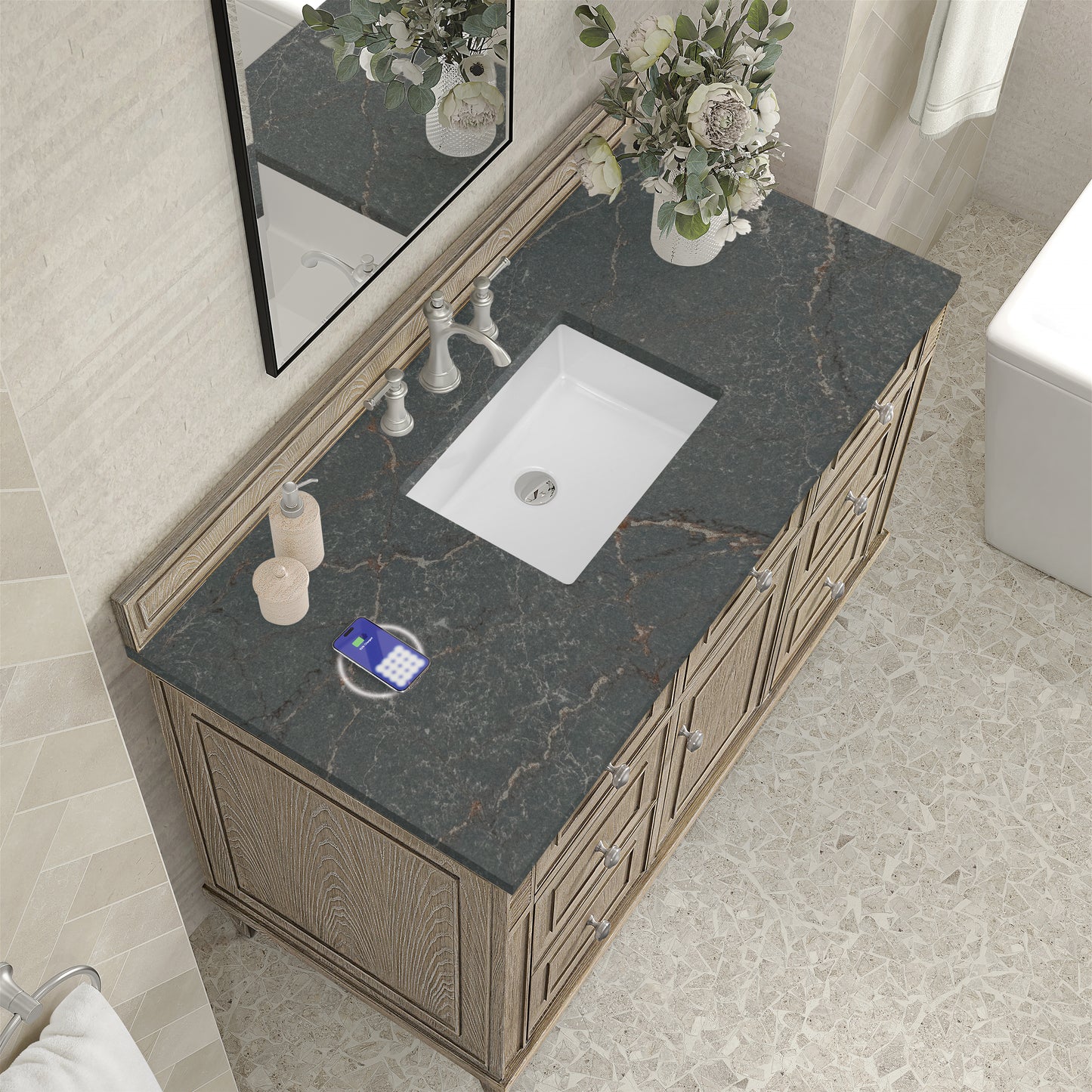 James Martin Vanities Lorelai 48" Whitewashed Oak Single Vanity With 3 cm Parisien Bleu Silestone Top and FreePower Wireless Charger