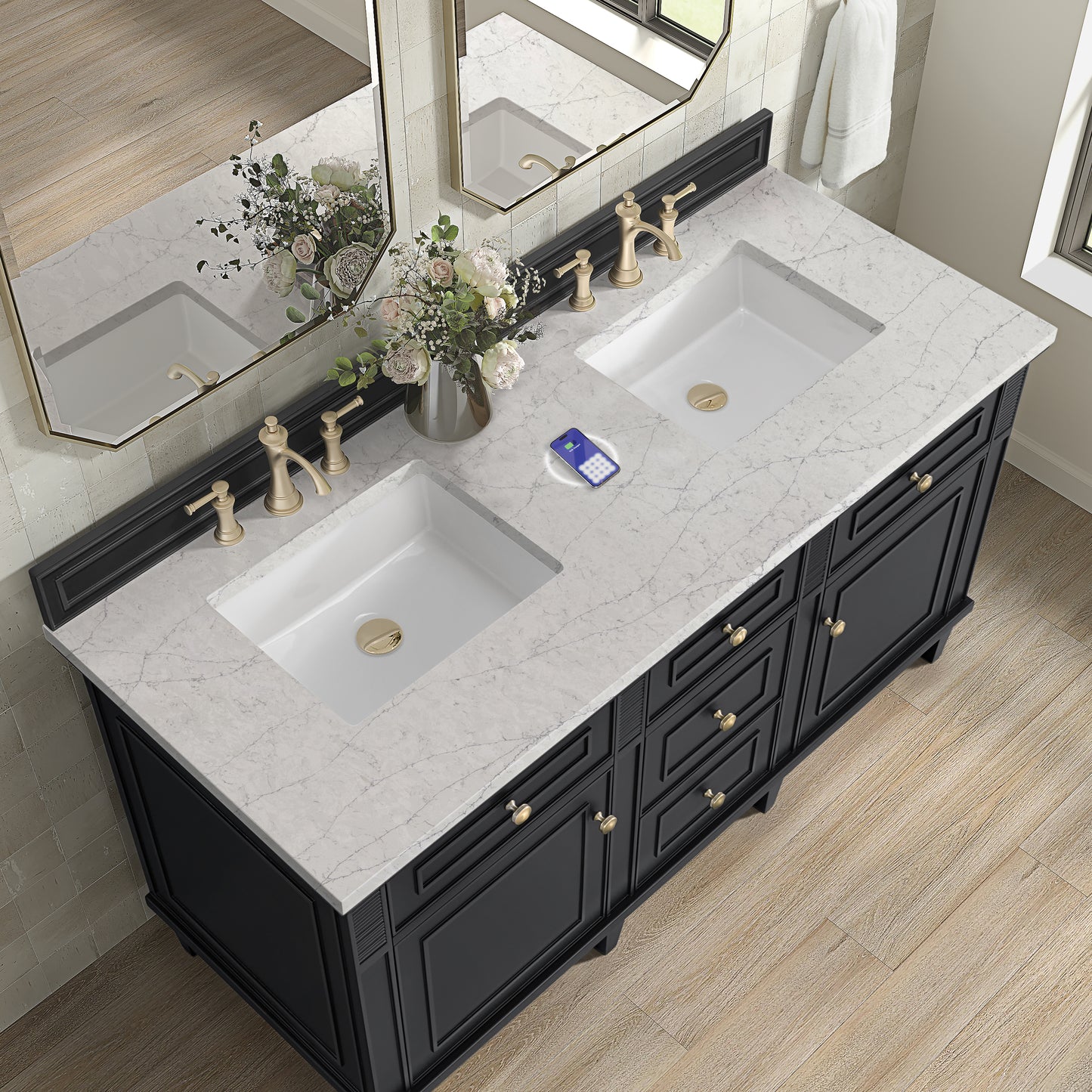 James Martin Vanities Lorelai 60" Black Onyx Double Vanity With 3 cm Eternal Jasmine Pearl Silestone Top and FreePower Wireless Charger