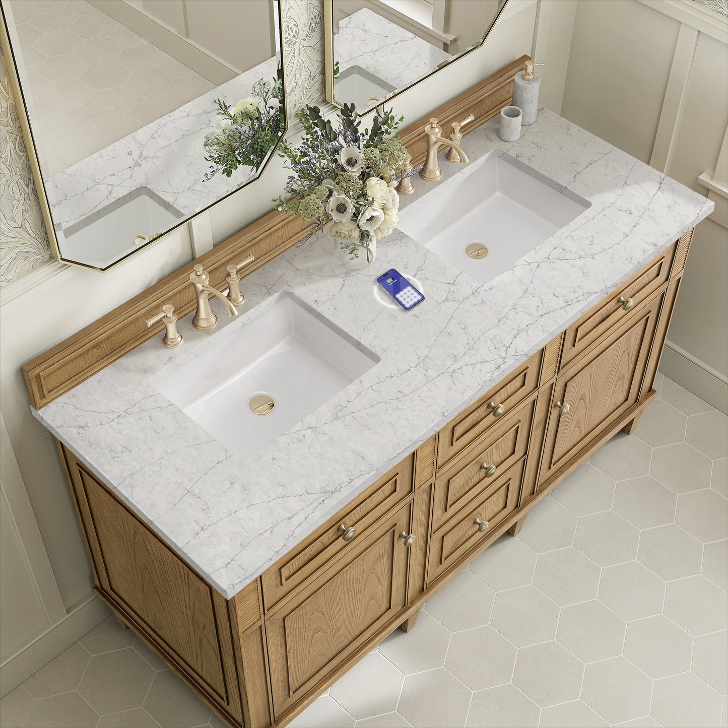 James Martin Vanities Lorelai 60" Light Natural Oak Double Vanity With 3 cm Eternal Jasmine Pearl Silestone Top and FreePower Wireless Charger