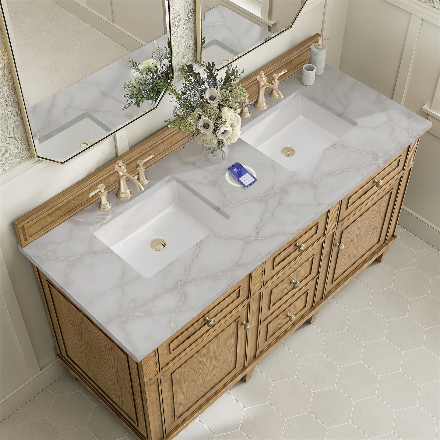 James Martin Vanities Lorelai 60" Light Natural Oak Double Vanity With 3 cm Victorian Silver Silestone Top and FreePower Wireless Charger