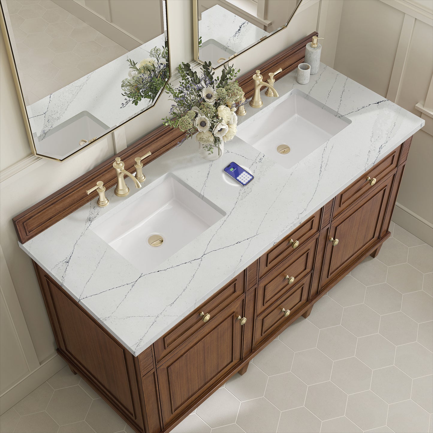 James Martin Vanities Lorelai 60" Mid-Century Walnut Double Vanity With 3 cm Ethereal Noctis Silestone Top and FreePower Wireless Charger
