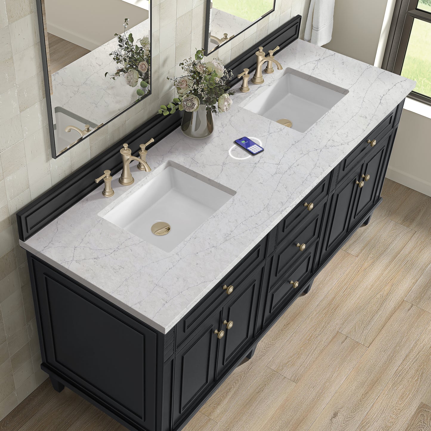 James Martin Vanities Lorelai 72" Black Onyx Double Vanity With 3 cm Eternal Jasmine Pearl Silestone Top and FreePower Wireless Charger