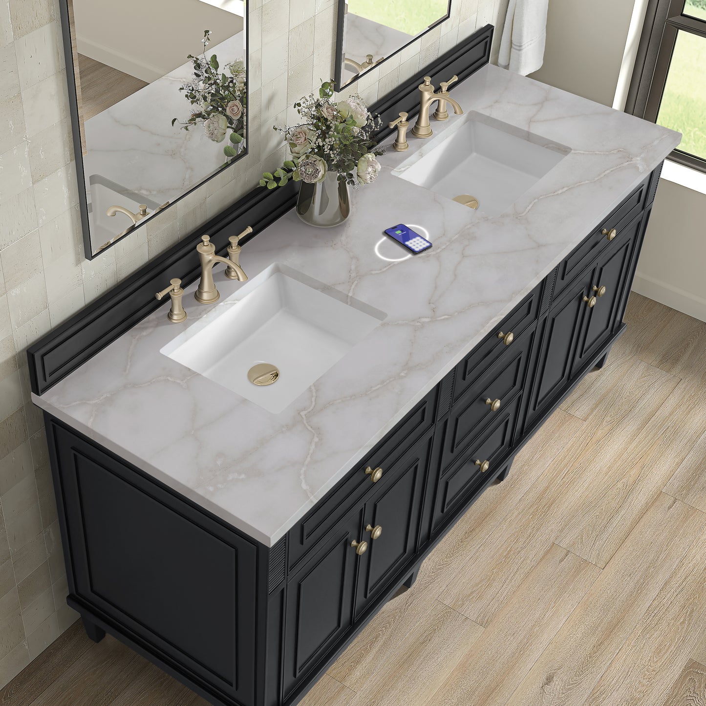 James Martin Vanities Lorelai 72" Black Onyx Double Vanity With 3 cm Victorian Silver Silestone Top and FreePower Wireless Charger