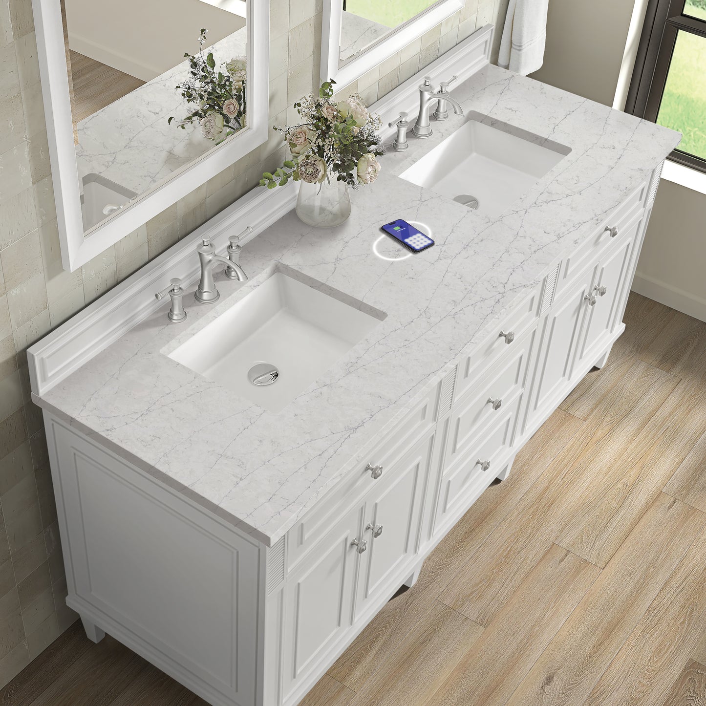 James Martin Vanities Lorelai 72" Bright White Double Vanity With 3 cm Eternal Jasmine Pearl Silestone Top and FreePower Wireless Charger