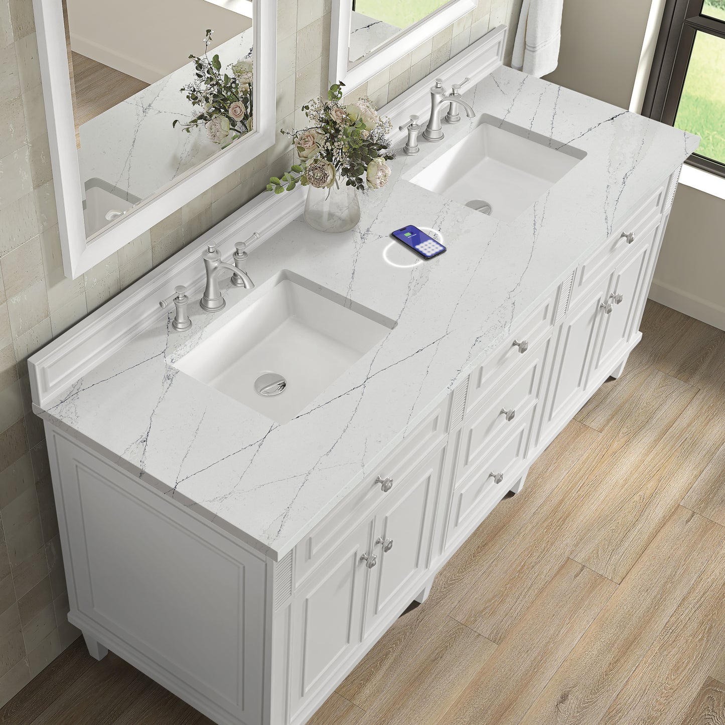 James Martin Vanities Lorelai 72" Bright White Double Vanity With 3 cm Ethereal Noctis Silestone Top and FreePower Wireless Charger